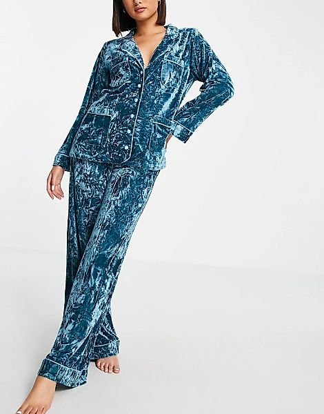 Lost Ink – Pyjama-Set mit einreihigem Oberteil aus Samt in Blau günstig online kaufen