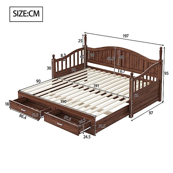 Flieks Daybett, Holzbett Kinderbett mit Ausziehbett 90/180x190cm 2 Schublad günstig online kaufen