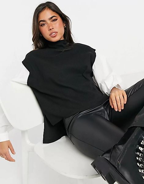 Vero Moda – Hochgeschlossener Pullover mit Webärmeln in Schwarz-Mehrfarbig günstig online kaufen