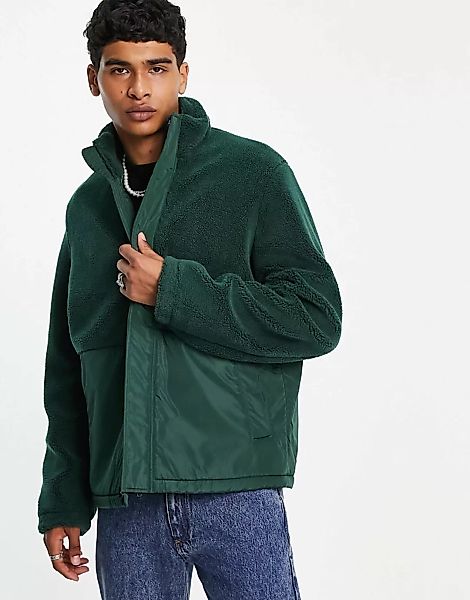 ASOS DESIGN – Fleece-Jacke mit kontrastierendem Nyloneinsatz und Reißversch günstig online kaufen