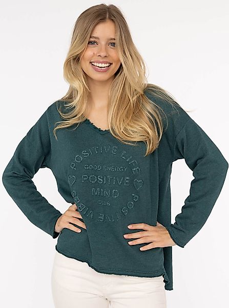 Zwillingsherz Sweatshirt "Positive Mind" ausgefranster V-Ausschnitt, günstig online kaufen