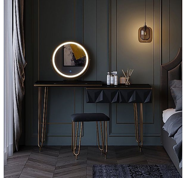 Vicco Schminktisch Bella, Schwarz Hochglanz, 120 cm mit LED Spiegel und Hoc günstig online kaufen