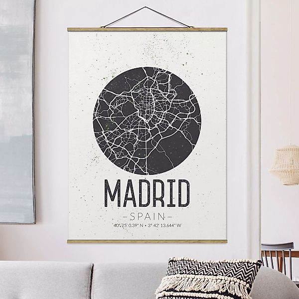 Stoffbild Karten mit Posterleisten - Hochformat Stadtplan Madrid - Retro günstig online kaufen