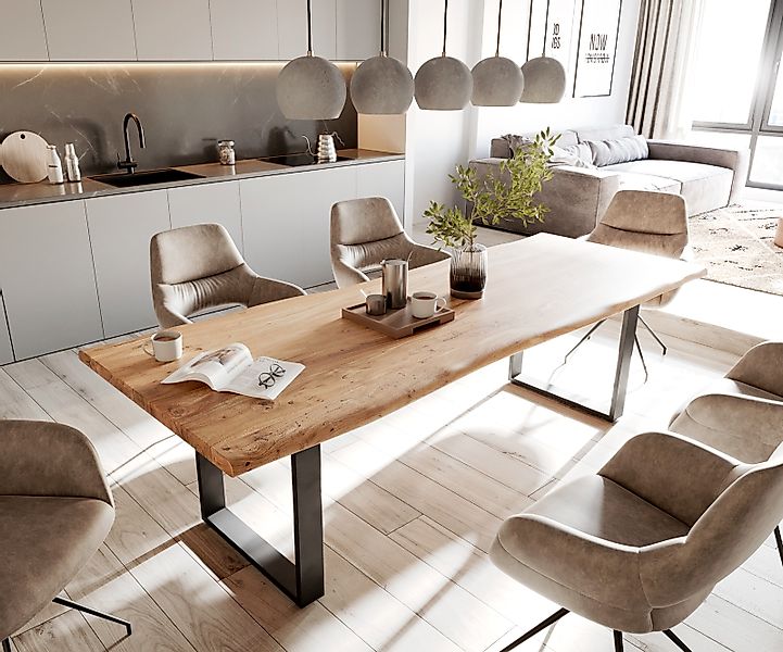 Esstisch Edge 260x100 Akazie Natur Metall Schmal schwarz Live-Edge günstig online kaufen