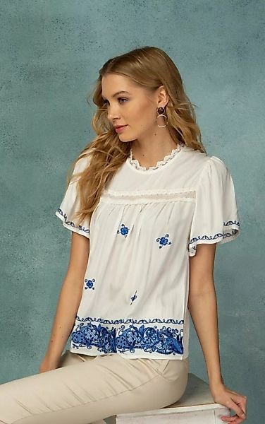 Passioni Tunika Sommer Tunika mit blauer Blumenstickerei im Boho-Stil günstig online kaufen