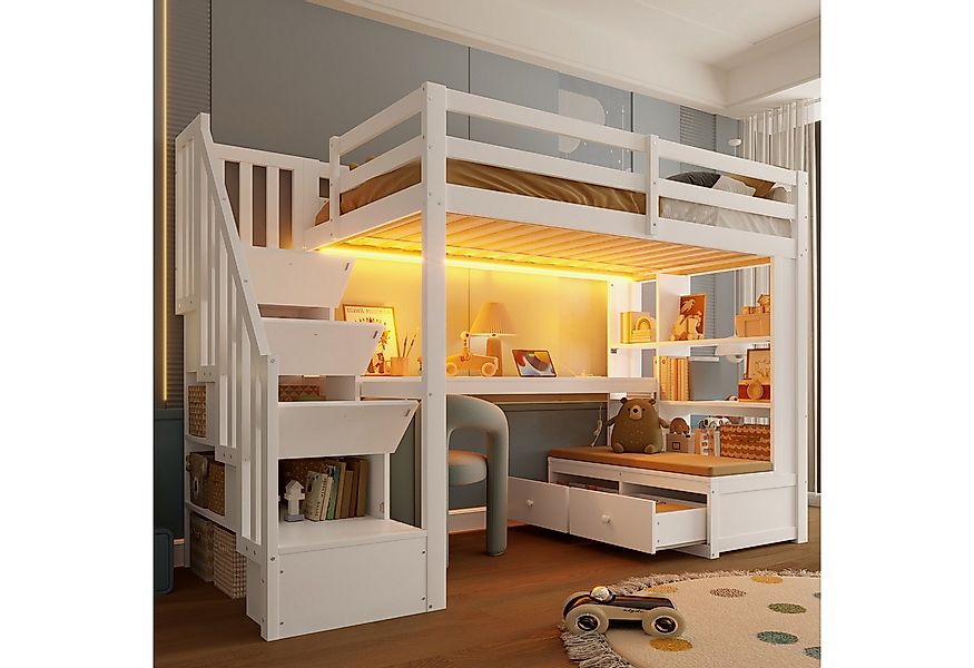 Flieks Hochbett Kinderbett 90x200cm mit LED, Stauraumtreppe, Schreibtisch, günstig online kaufen