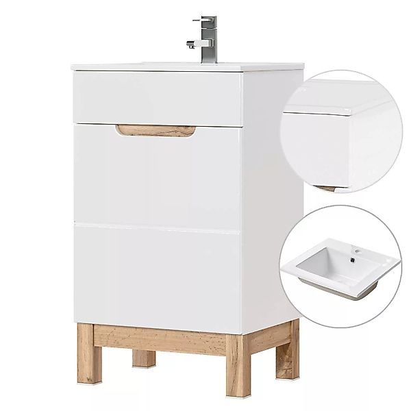Waschtischunterschrank mit 52cm Keramik-Waschbecken SOLNA-56 Hochglanz weiß günstig online kaufen