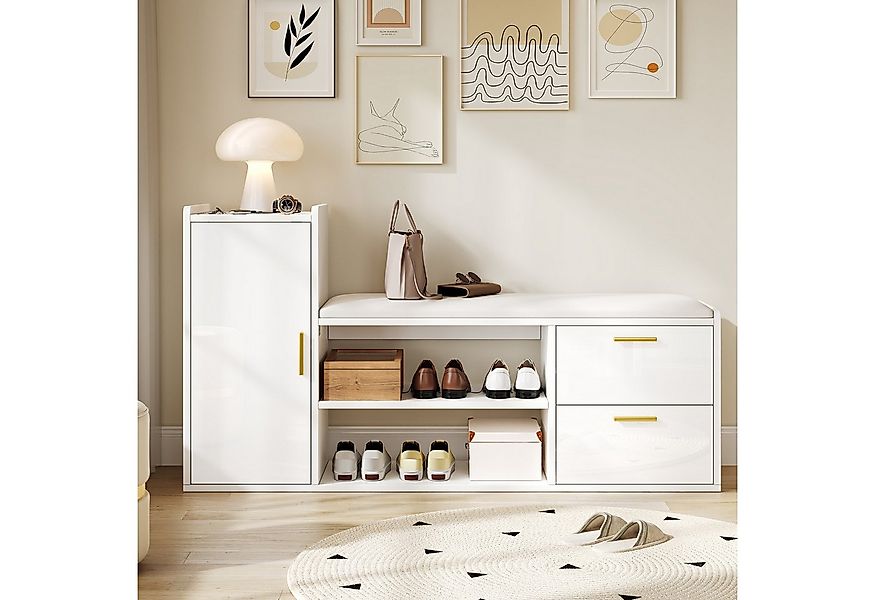 Merax Schuhbank Hochglanz in Weiß, mit gepolsterter Sitzfläche & verstellba günstig online kaufen