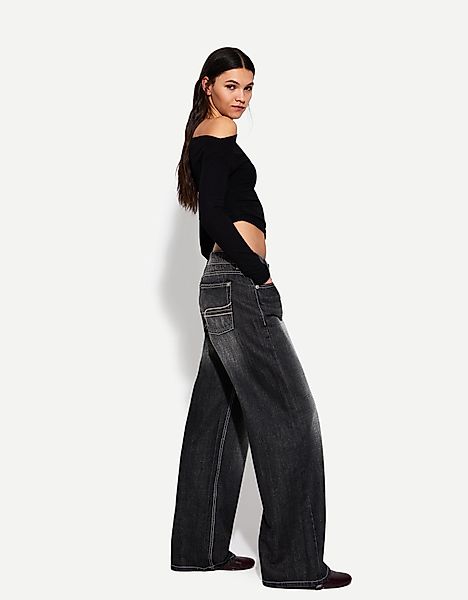 Bershka Low Waist Baggy-Jeans Damen 38 Dunkelgrau günstig online kaufen