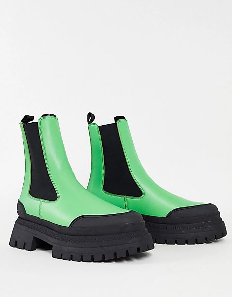 ASOS DESIGN – Chelsea-Stiefel aus grünem Kunstleder mit superdicker Sohle u günstig online kaufen