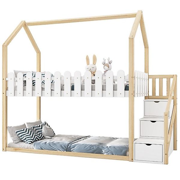 Flieks Etagenbett, Hochbett Kiefer Kinderbett Hausbett 3 Schubladen 90x200c günstig online kaufen