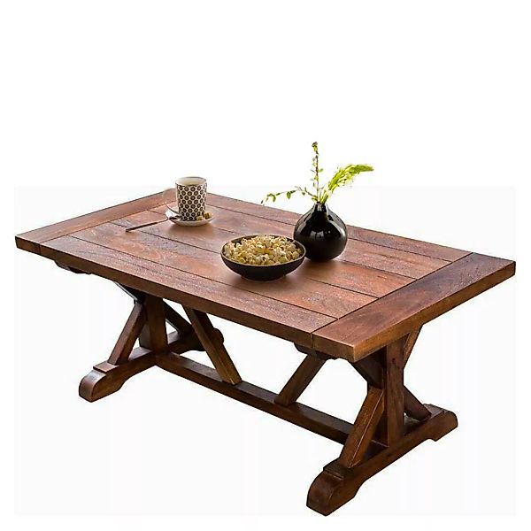 Rustikaler Tisch aus Mangobaum Massivholz Balken-Gestell günstig online kaufen