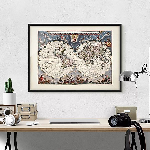 Bild mit Rahmen Stadt-, Land- & Weltkarte - Querformat Historische Weltkart günstig online kaufen