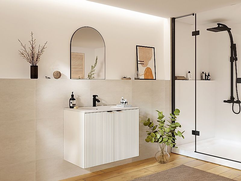 Waschbeckenunterschrank hängend mit Einbauwaschbecken - Streifenoptik - Wei günstig online kaufen