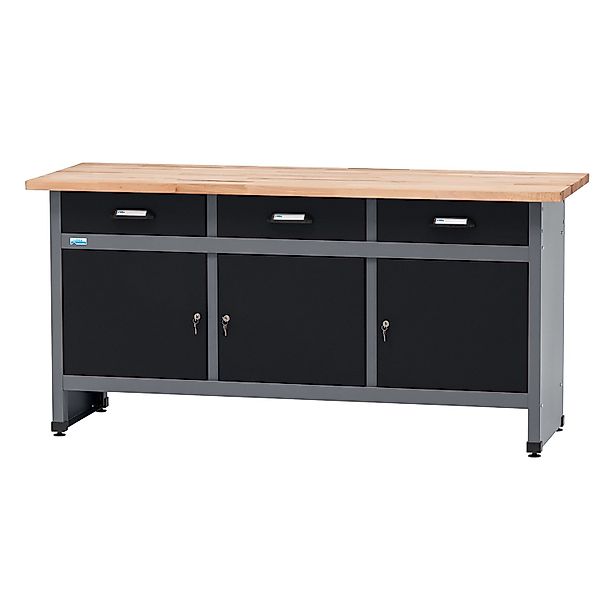 Küpper Werkbank m. 3 Türen & 3 Schubladen 84 x 170 x 60 cm Schwarz-Hellgrau günstig online kaufen