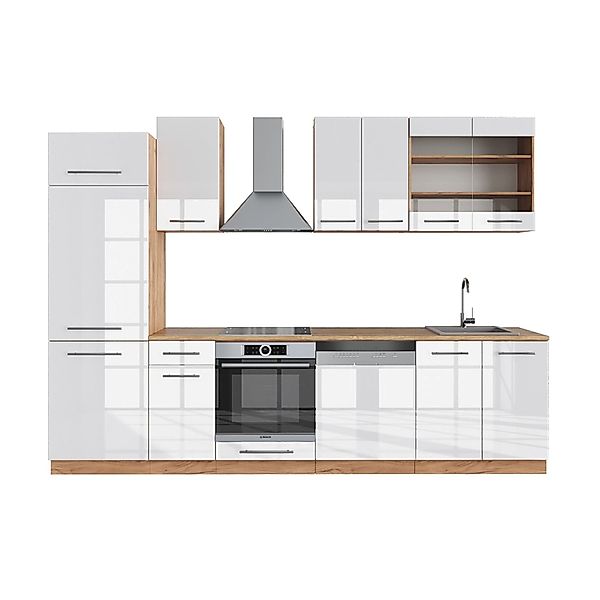 Vicco Fame-Line Küchenzeile Weiß Hochglanz/Goldkraft Eiche 300 cm ohne Arbe günstig online kaufen