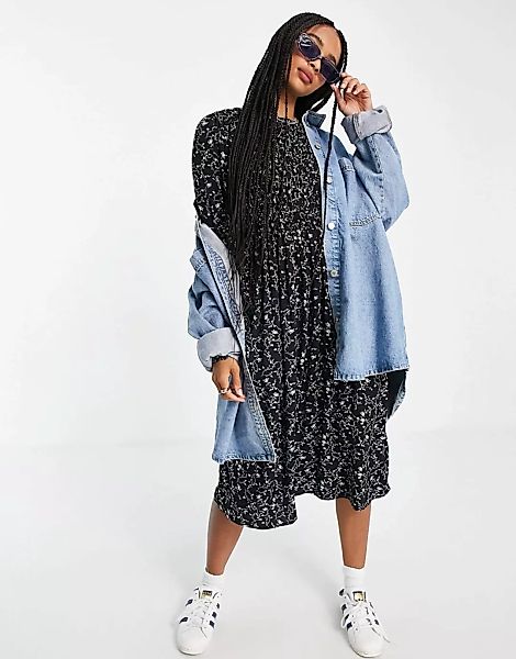 Object – Jalke – Midi-Hängerkleid in Schwarz mit Print günstig online kaufen