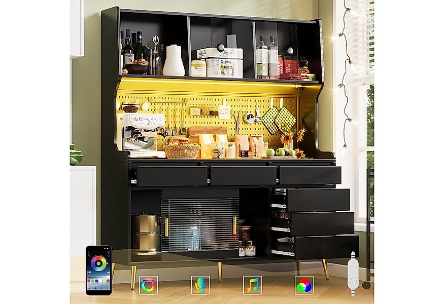 Flieks Küchenbuffet mit LED-Beleuchtung, Lochwand, Glasschiebetüren und 6 S günstig online kaufen