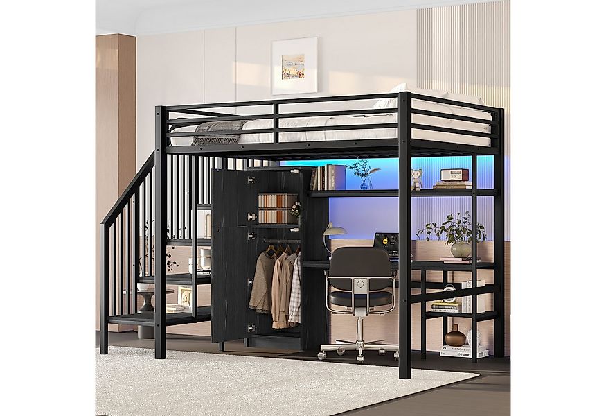 Flieks Hochbett Kinderbett Metallbett 140x200cm mit LED, Kleiderschrank, Sc günstig online kaufen