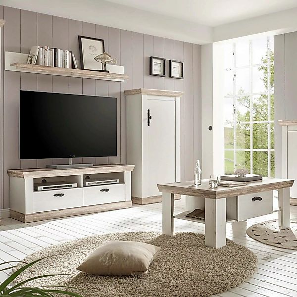 Wohnmöbel-Set im Landhaus-Design FERNA-61 in Pinie weiß und Oslo dunkel Nb. günstig online kaufen