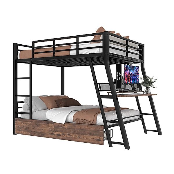 SOFTWEARY Etagenbett mit LED-Beleuchtung und Schreibtisch günstig online kaufen