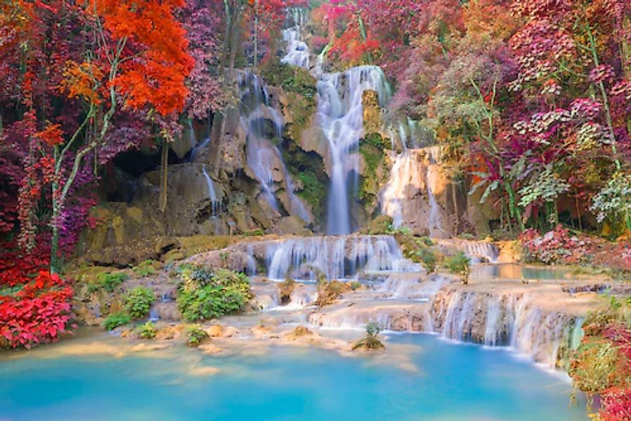 Papermoon Fototapete »WASSERFALL-BÄUME FLUSS SEE STEINE BLUMEN BERGE HERBST günstig online kaufen
