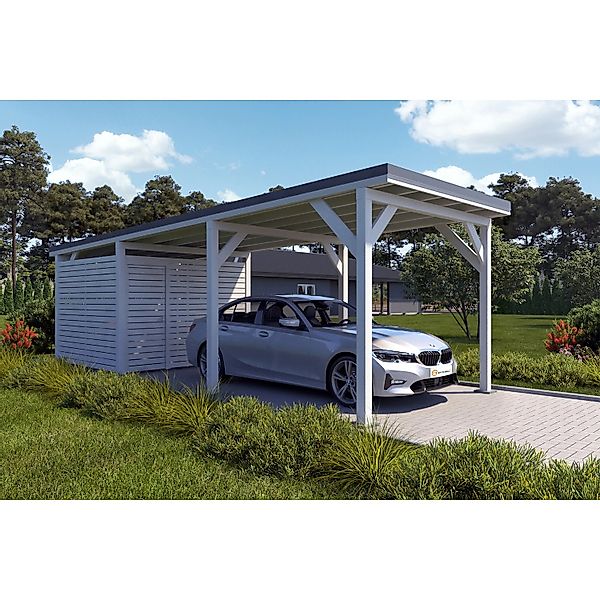 Holzbrüder Carport Ralf 26m² mit Geräteraum Reinweiß-Dunkelgrau günstig online kaufen