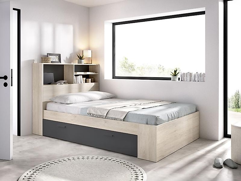 Bett 120 x 190 cm mit Stauraum - Natur & Anthrazit - VARDIEL günstig online kaufen