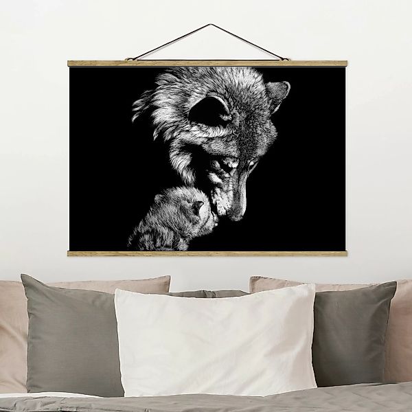 Stoffbild Tiere mit Posterleisten - Querformat Wolf vor Schwarz günstig online kaufen