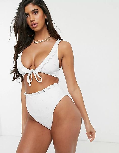 ASOS DESIGN – Mix and Match – Weiße Bikinihose mit Lochstickerei, hohem Bun günstig online kaufen