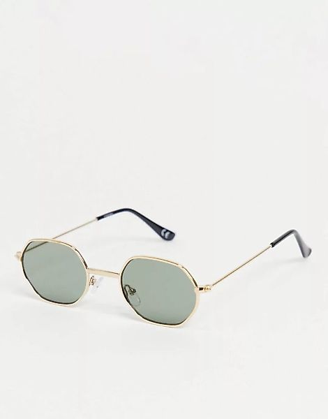 ASOS DESIGN – Kleine, angewinkelte Sonnenbrille in Gold mit dunkelgrünen Gl günstig online kaufen
