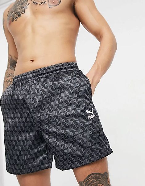 Puma – Summer Luxe – Satin-Shorts mit durchgehendem Print in Schwarz, 6Zoll günstig online kaufen