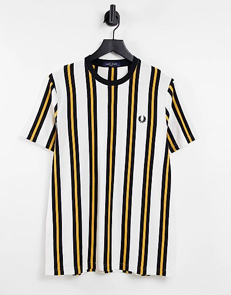 Fred Perry – T-Shirt mit vertikalen Streifen in Gelb/Ecru-Weiß günstig online kaufen