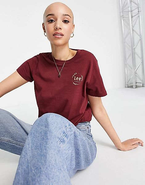Lee Jeans – T-Shirt in Dunkelrot mit Blumen-Logo günstig online kaufen