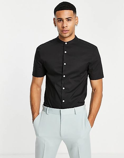ASOS DESIGN – Superenges, körperbetontes Hemd in Schwarz mit farblich abges günstig online kaufen