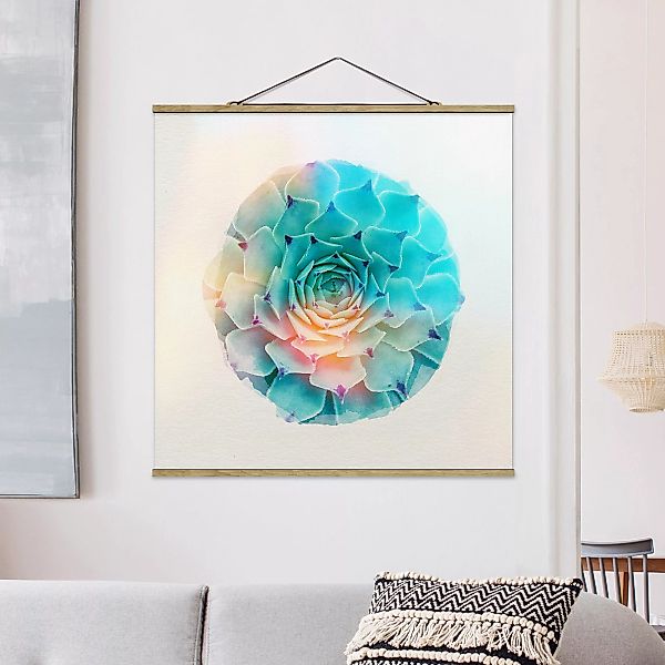 Stoffbild Blumen mit Posterleisten - Quadrat Wasserfarben - Kaktus Agave günstig online kaufen
