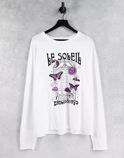 Topshop – Langärmliges Skater-Shirt mit „Le Soleil“-Print in Weiß günstig online kaufen