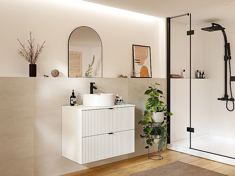 Waschbeckenunterschrank hängend mit rundem Aufsatzwaschbecken - Streifenopt günstig online kaufen