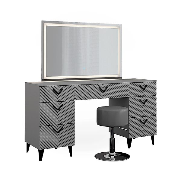 Vicco Schminktisch Anett Grau 150 cm mit LED Spiegel und Hocker günstig online kaufen