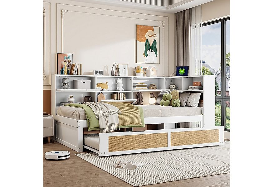 OKWISH Stauraumbett Holzbett Einzelbett Kinderbett mit Ausziehbett, mit Sta günstig online kaufen