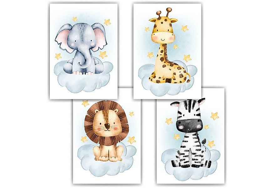 Tigerlino Poster Safari Tiere 4er Set Elefant Giraffe Löwe Zebra Kinderzimm günstig online kaufen