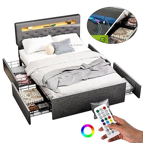 LETGOSPT Polsterbett Doppelbett 140x200cm mit LED,4 Schubladen&LED Beleucht günstig online kaufen