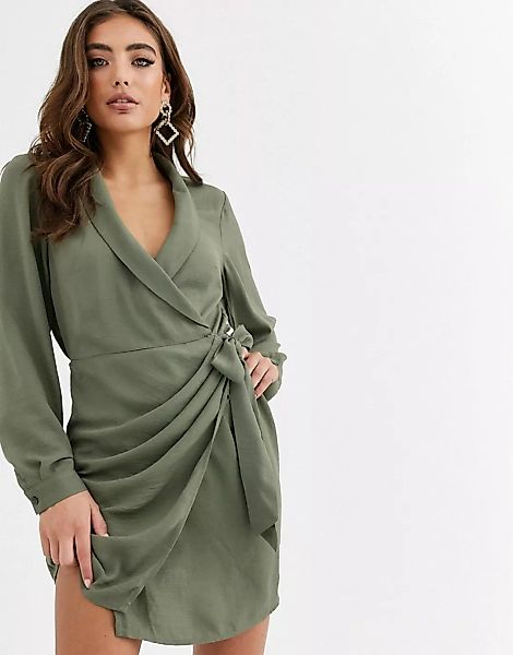 ASOS DESIGN – Wickel-Minikleid in Khaki mit Kragen-Grün günstig online kaufen