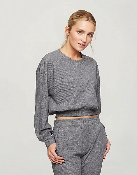 Miss Selfridge – Geripptes Sweatshirt in Grau mit elastischem Saum günstig online kaufen