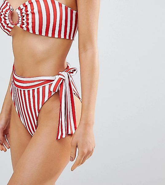 PrettyLittleThing – Gestreifte Bikinihose mit hohem Beinausschnitt-Rot günstig online kaufen