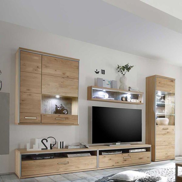 Landhaus Wohnwand in Asteiche Bianco furniert Silberfarben (fünfteilig) günstig online kaufen