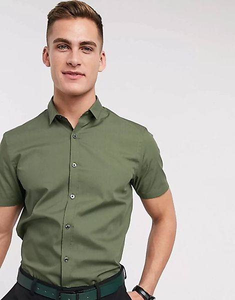 New Look – Kurzärmliges Popeline-Hemd in Khaki-Grün günstig online kaufen