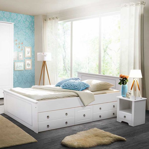 Komfortbett in Weiß Kiefer massiv wahlweise mit Schubkästen (dreiteilig) günstig online kaufen