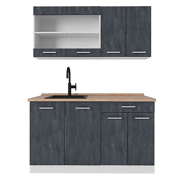 Vicco R-Line Mini Küche Schwarz Beton/Weiß 140 cm AP Eiche ohne E-Geräte günstig online kaufen