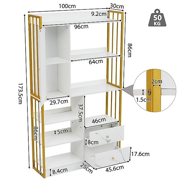 HT Bücherregal Standregal, 174 x 100 x 30cm, Bücherschrank mit 6 offenen Re günstig online kaufen